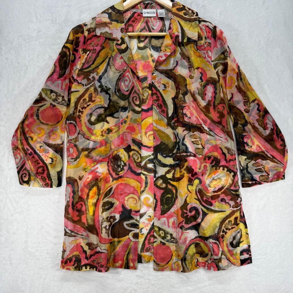 Chico's Silk Tunic Top Abstract Print Button Down Long Sleeve Blouse Size 1 US M